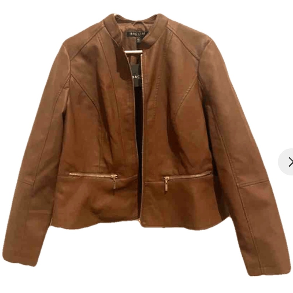BACCINI Faux Leather Brown Jacket with Gold Zippers - Size Large NWT